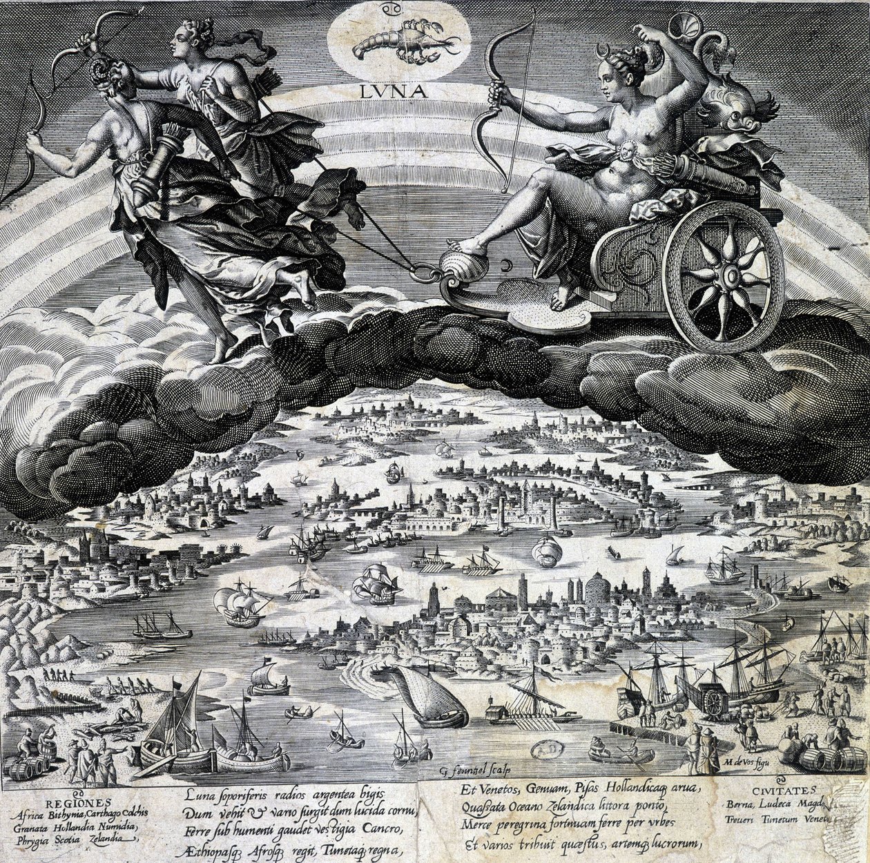 Znamení zvěrokruhu Rak. Měsíc, reprezentace tanku Semelee. Rytina 19. století. od Unknown artist