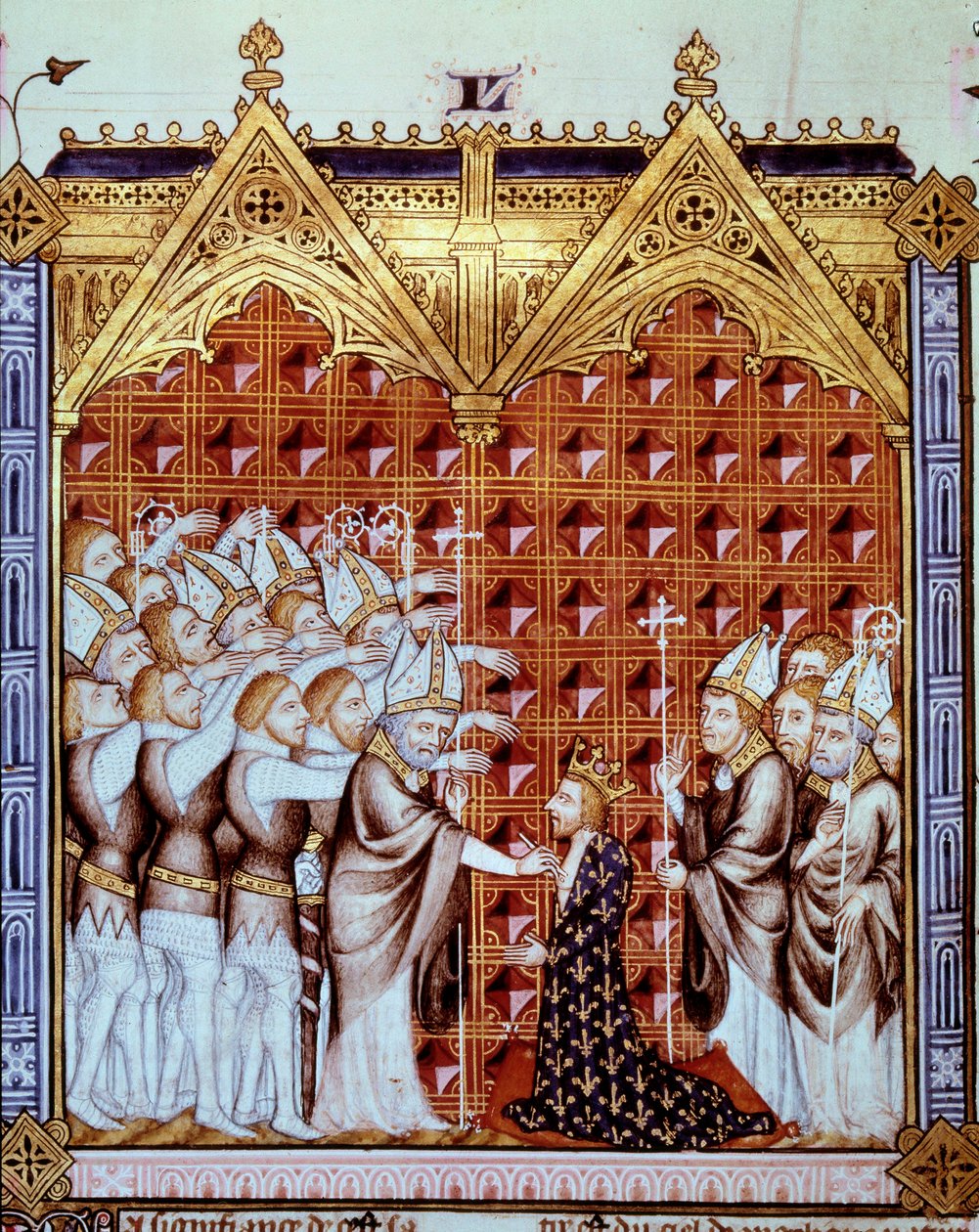 pomazání francouzského krále za přítomnosti eveques a jeho baronů. Miniatura v „“Rational des divins office““ (folio 44v) od Unknown artist