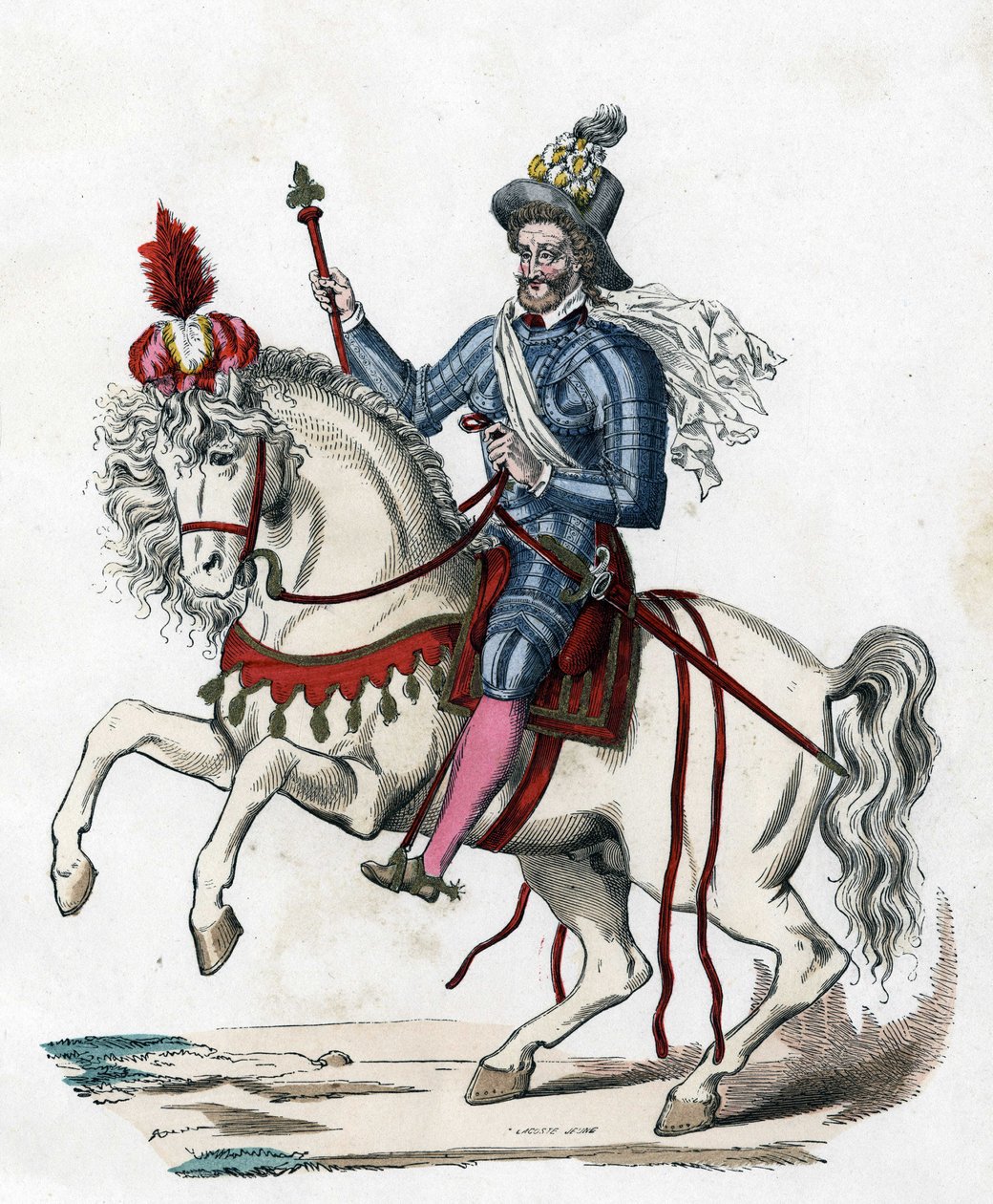 jezdecký portrét francouzského krále Jindřicha IV. v roce 1596 (1553-1610) -v „“Civilní a vojenské kostýmy Francouzů v průběhu staletí Paris F. Roy 1882“. od Unknown artist