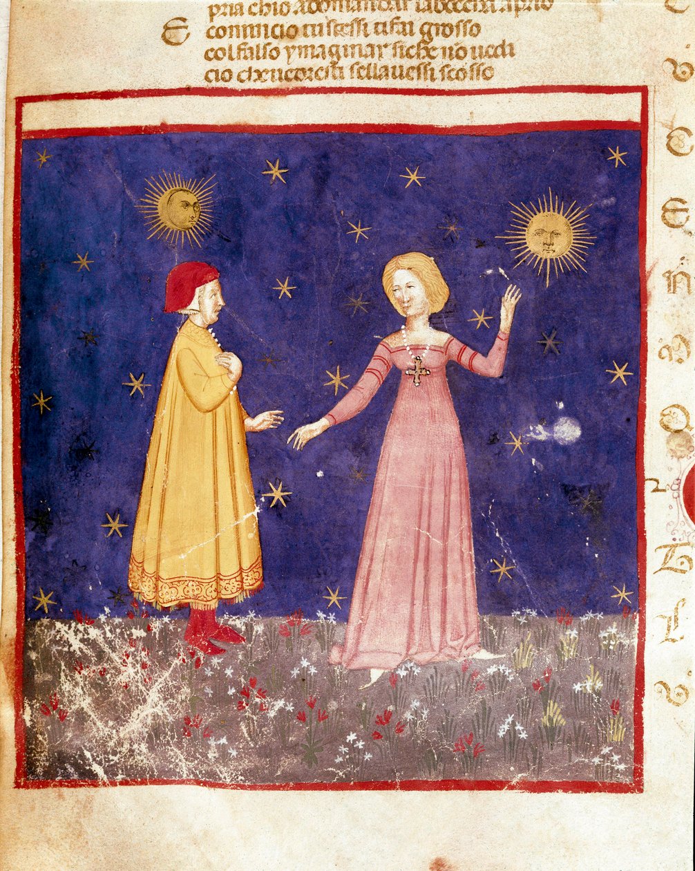 první nebe: Dante se v ráji setkává s Beatrice. Osvětlená stránka ilustrující píseň Paradise z „Divina Commedia“ od Dante Alighieriho (1265-1321). 14. století, Benátky, Biblioteca Marciana od Unknown artist