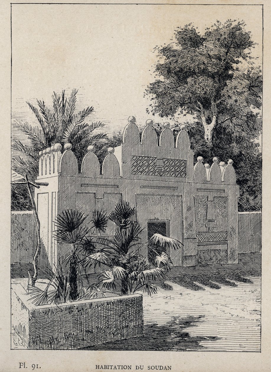 habitation du Sudan (Súdán) - rytina z roku 1889 v „Historie lidského bydlení na světové výstavě v roce 1889, pan Charles GARNIER - Librairie centrale des beaux-arts Paris 1889 od Unknown artist