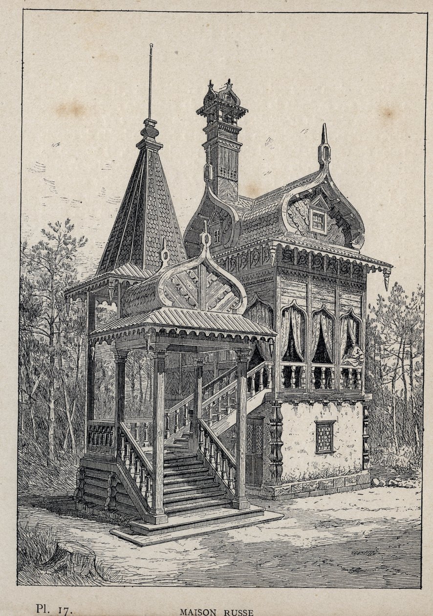 Ruský dům - Ruský dům - rytina z roku 1889 v „Historie lidského obydlí na Světové výstavě v roce 1889, pan Charles GARNIER - Librairie centrale des beaux-arts Paris 1889 od Unknown artist