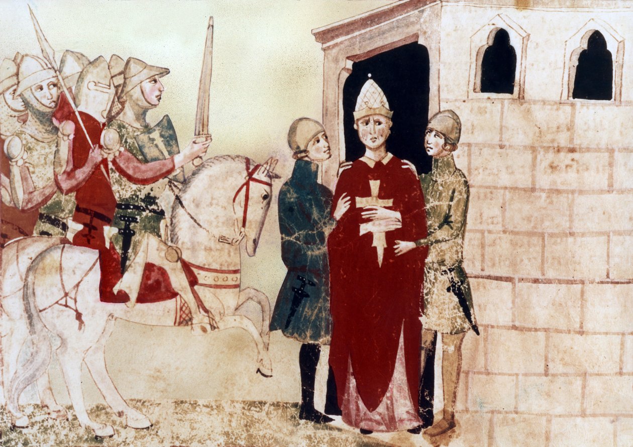 papež Bonifác VIII. (1294-1303), zde vězeň v Anagni v roce 1303, ilustrace z rukopisu 14. století od Unknown artist