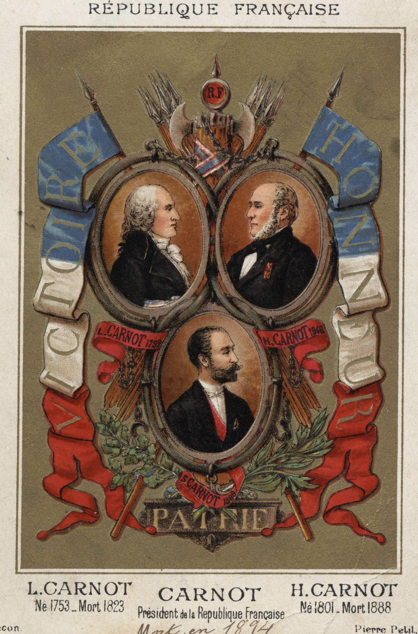 portréty francouzského politika Lazara Carnota (1753-1823), Hyppolite Carnota (1801 až 1888) a prezidenta Francouzské republiky Sadiho Carnota. od Unknown artist