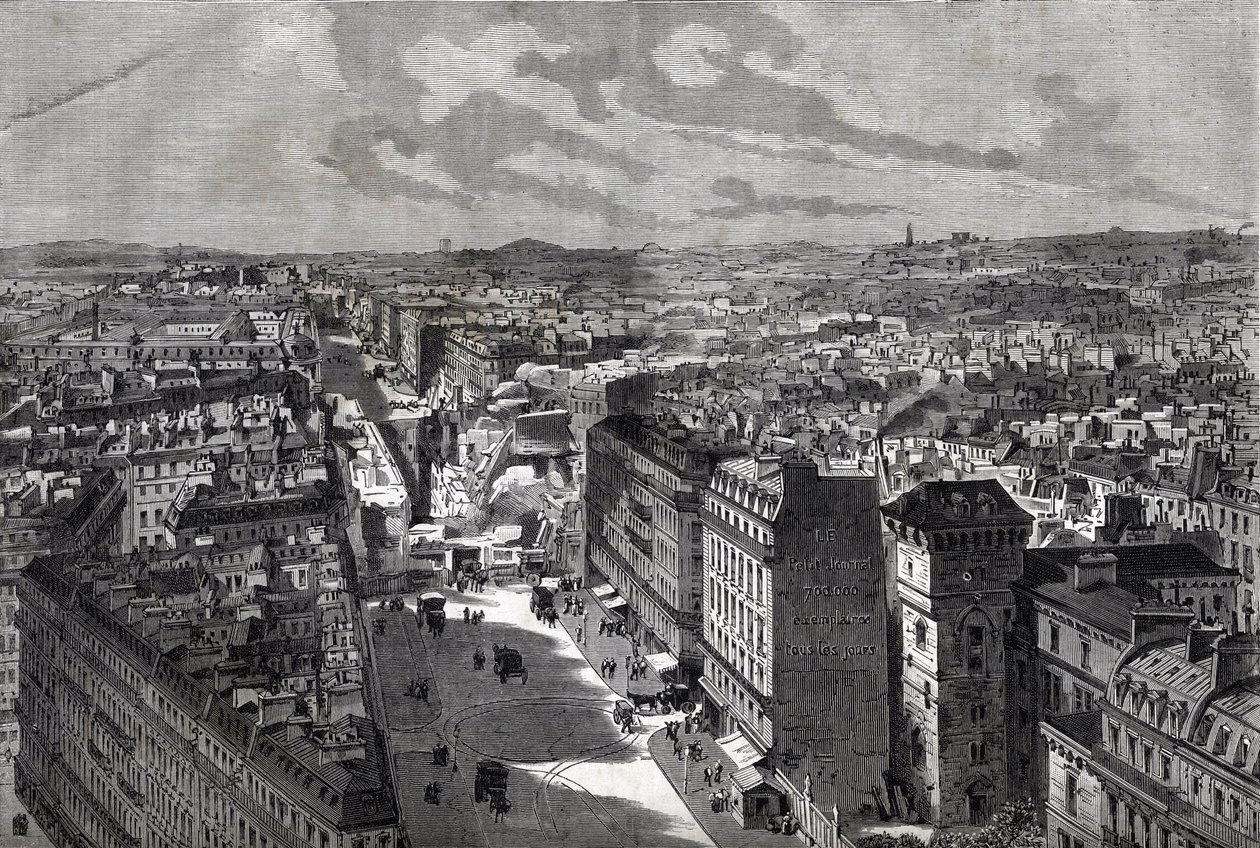 Velká Haussmanova díla - Proměny Paříže za Druhého císařství, Paris Haussmannien (Boulevard, Haussmannien díla) - Le piercing de rue Etienne Marcel- z rue Turbigo do Place des Victoires - rytina v „Le journal illustrious“ z 1. od Unknown artist