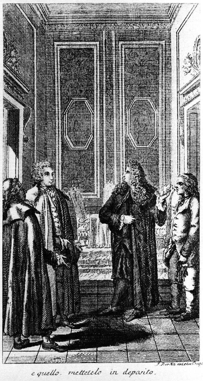 zatčení libertina Giacoma Casanovy (1725-1798), dobrodruha a italského spisovatele. Rytina 19. století od Unknown artist