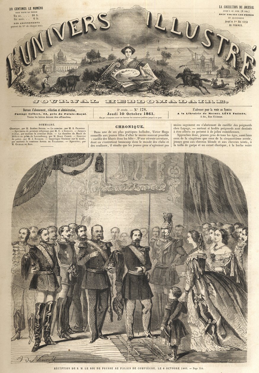 návštěva pruského krále Viléma u Napoleona III., francouzského císaře, v Compiegne, Francie 1861 - Návštěva Viléma I. Pruského (1797-1888) v Compiegne en přítomnost Napoleona III. - Rytina z „“ The Zářivý vesmír” od Unknown artist