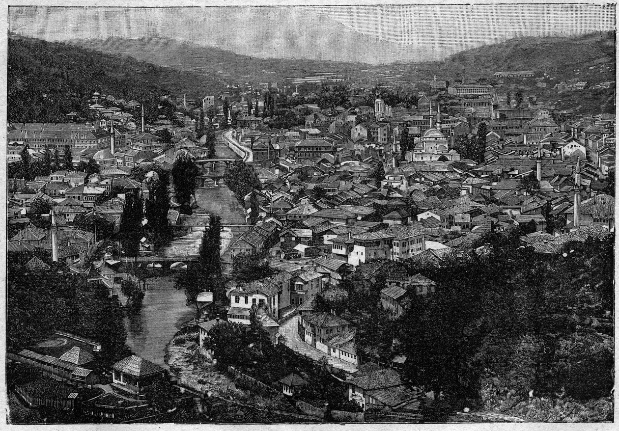 pohled na město Sarajevo v roce 1894 - pohled na město Sarajevo v roce 1894 - rytina od Unknown artist