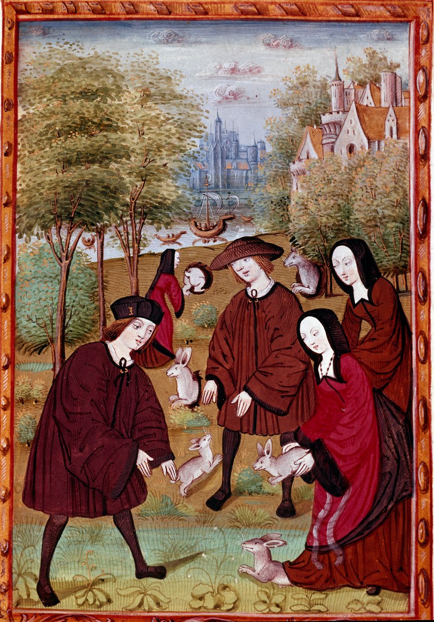 mladí lidé si hrají s králíky Miniatura z “” Histoire de Jean III de Brush a jeho manželka Louise de Laval”” (ms. 1475) Chantilly, Musee Conde od Unknown artist