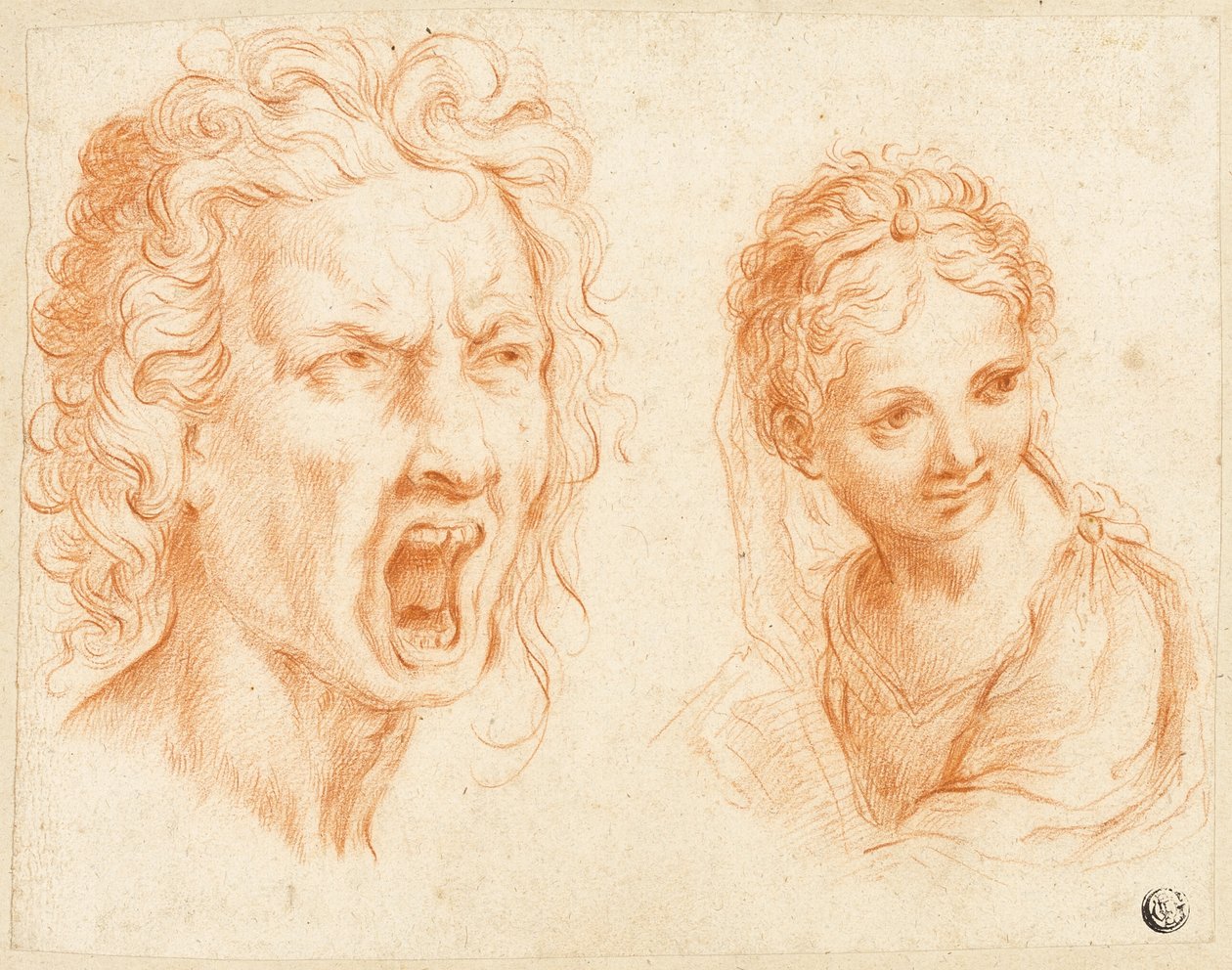 Zachmuřená mužská hlava, poprsí dívky od Unknown Italian