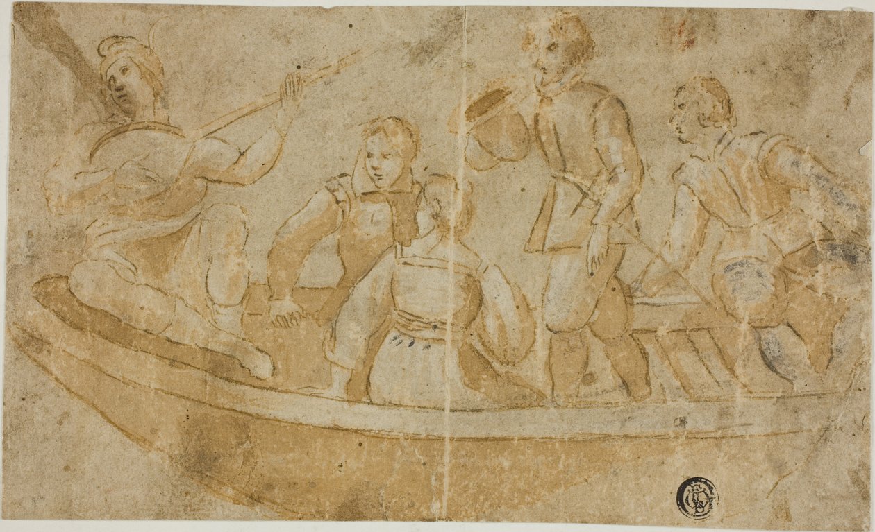 Tři muži, žena a loutkoherec ve člunu od Unknown Italian