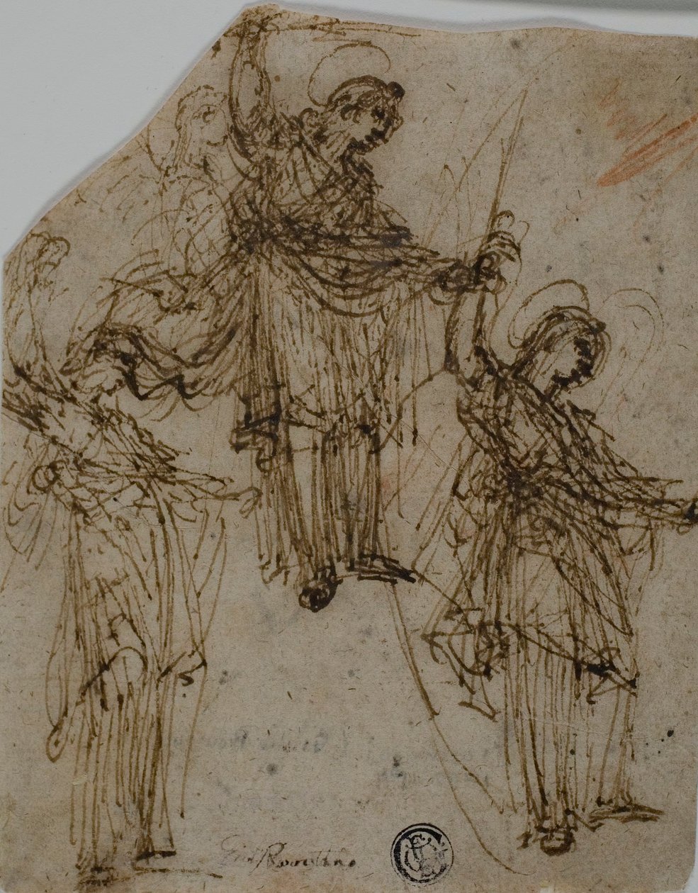 Skicy stojícího světce s mečem (recto); skicy postav a hlav (verso) od Unknown Lombard