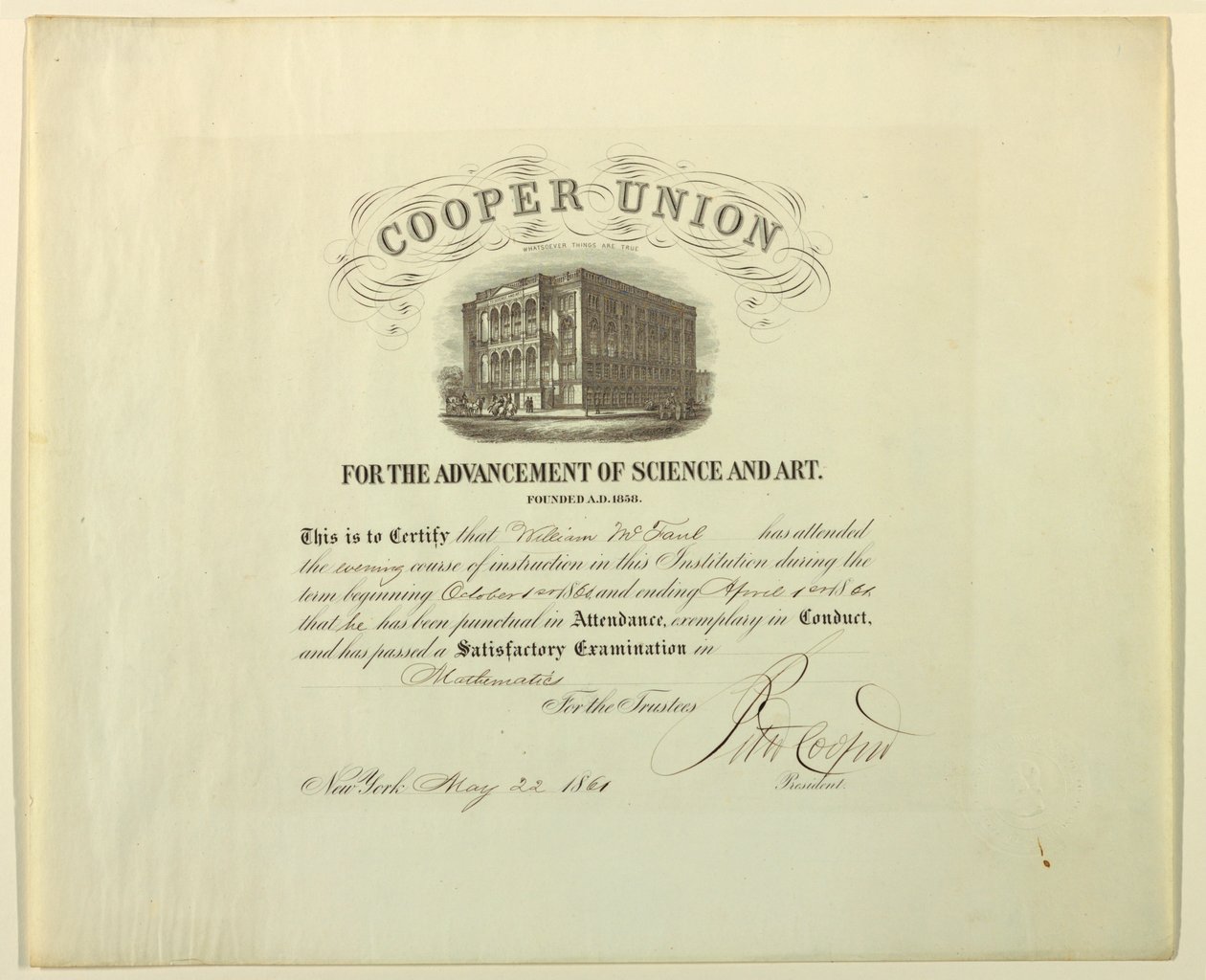 Certifikát (FRANCIE  upomínka; USA), 22. května 1861 od Unknown artistUnknown artist