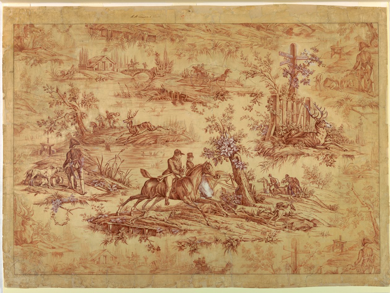 Kresba, karikatura pro bavlněný potištěný textil, La Route de Jouy, po roce 1815 od Unknown artistUnknown artist