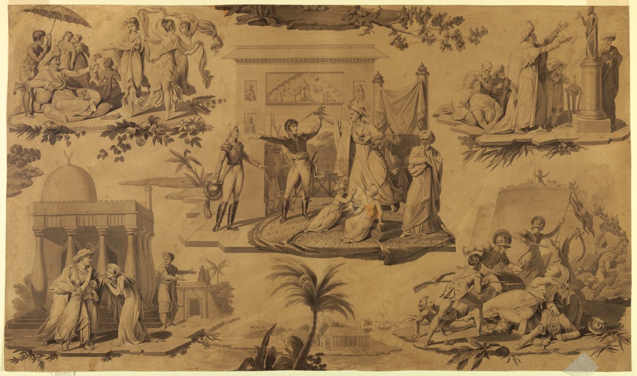 Kresba, karikatura pro potištěný bavlněný textil: Francouzi v Egyptě [Les Francais en Egypte], asi 1815 od Unknown artistUnknown artist