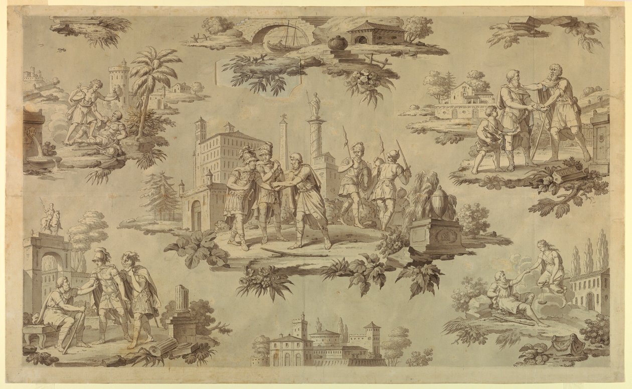 Kresba, kreslený vtip pro potisk bavlny: Život Belisaire [La Vie de Bélisaire], asi 1820. od Unknown artistUnknown artist