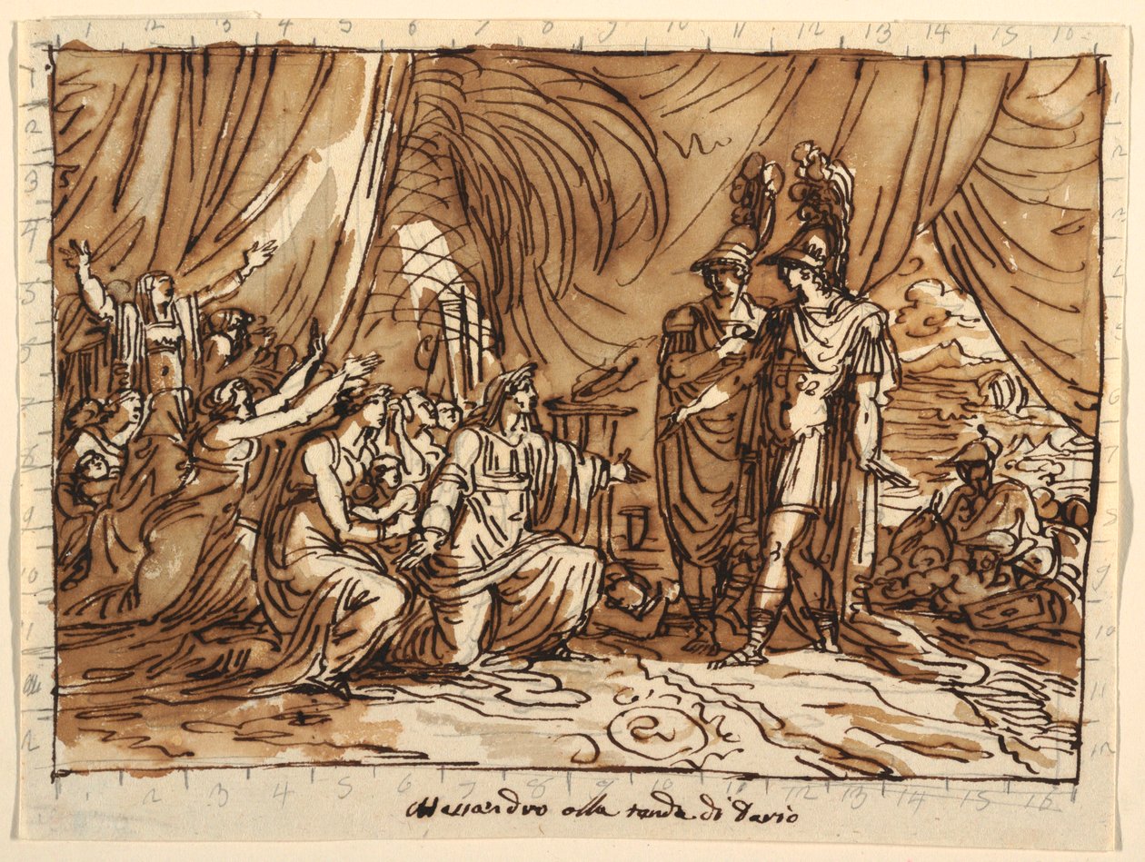 Kresba, Návrh stropu, Alexandr a rodina Dariova, Alexandrova milost, Sala di Alessandro, Palazzo Naldi, Faenza, 1803 od Unknown artistUnknown artist