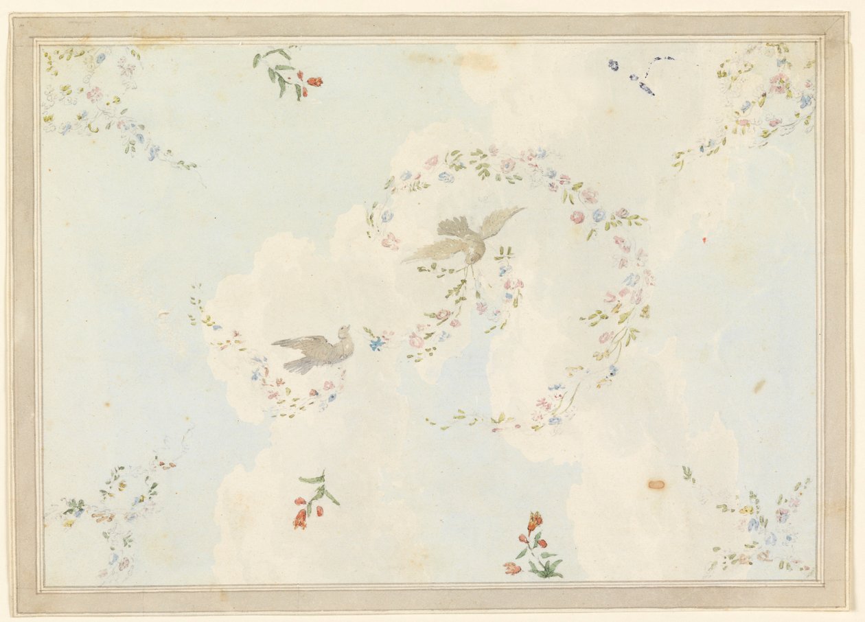 Kresba, stropní návrh s holubicemi a květinovými girlandami, pravděpodobně pro vstupní halu, 1815-22 od Unknown artistUnknown artist