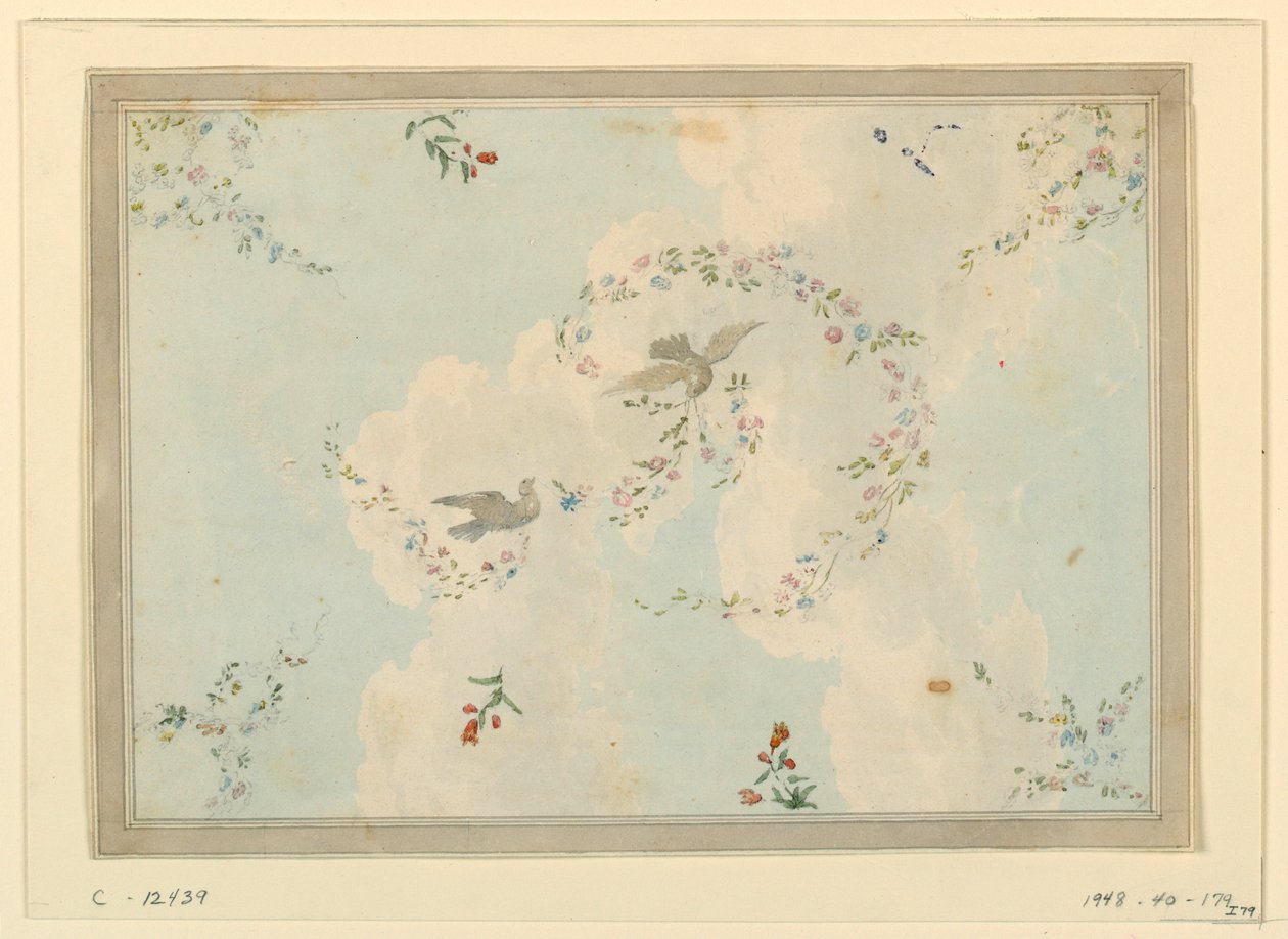 Kresba, stropní návrh s holubicemi a květinovými girlandami, pravděpodobně pro vstupní halu, 1815-22 od Unknown artistUnknown artist