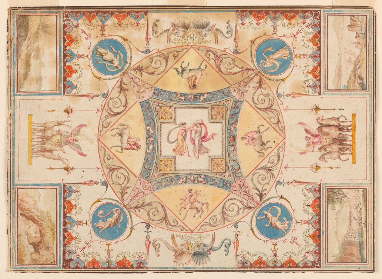 Kresba, Strop v Hadriánově vile s nymfami, kentaury, jeleny a slony, asi 1785 od Unknown artistUnknown artist