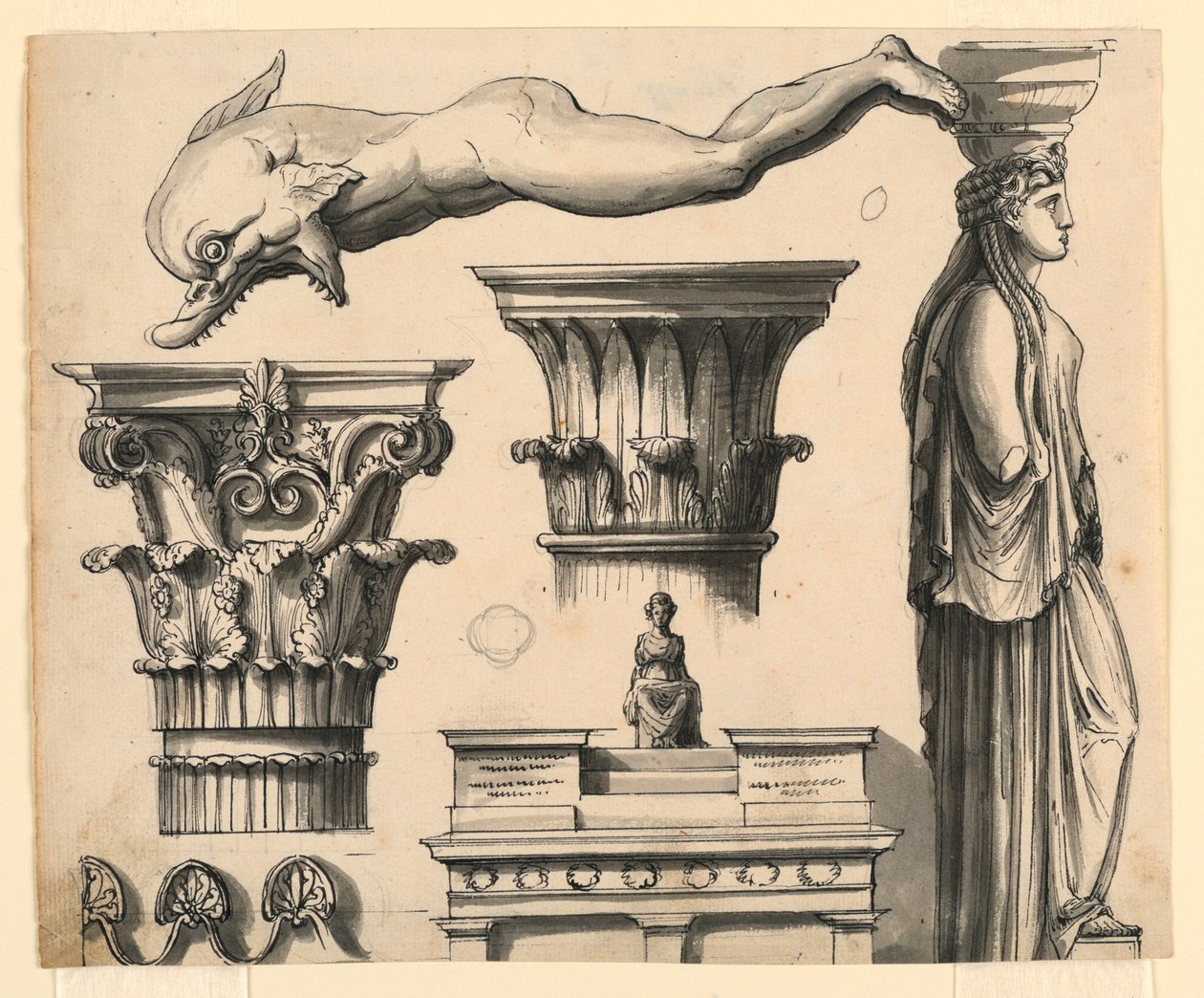 Kresba, Klasické a pseudoklasické architektonické detaily, asi 1840 od Unknown artistUnknown artist