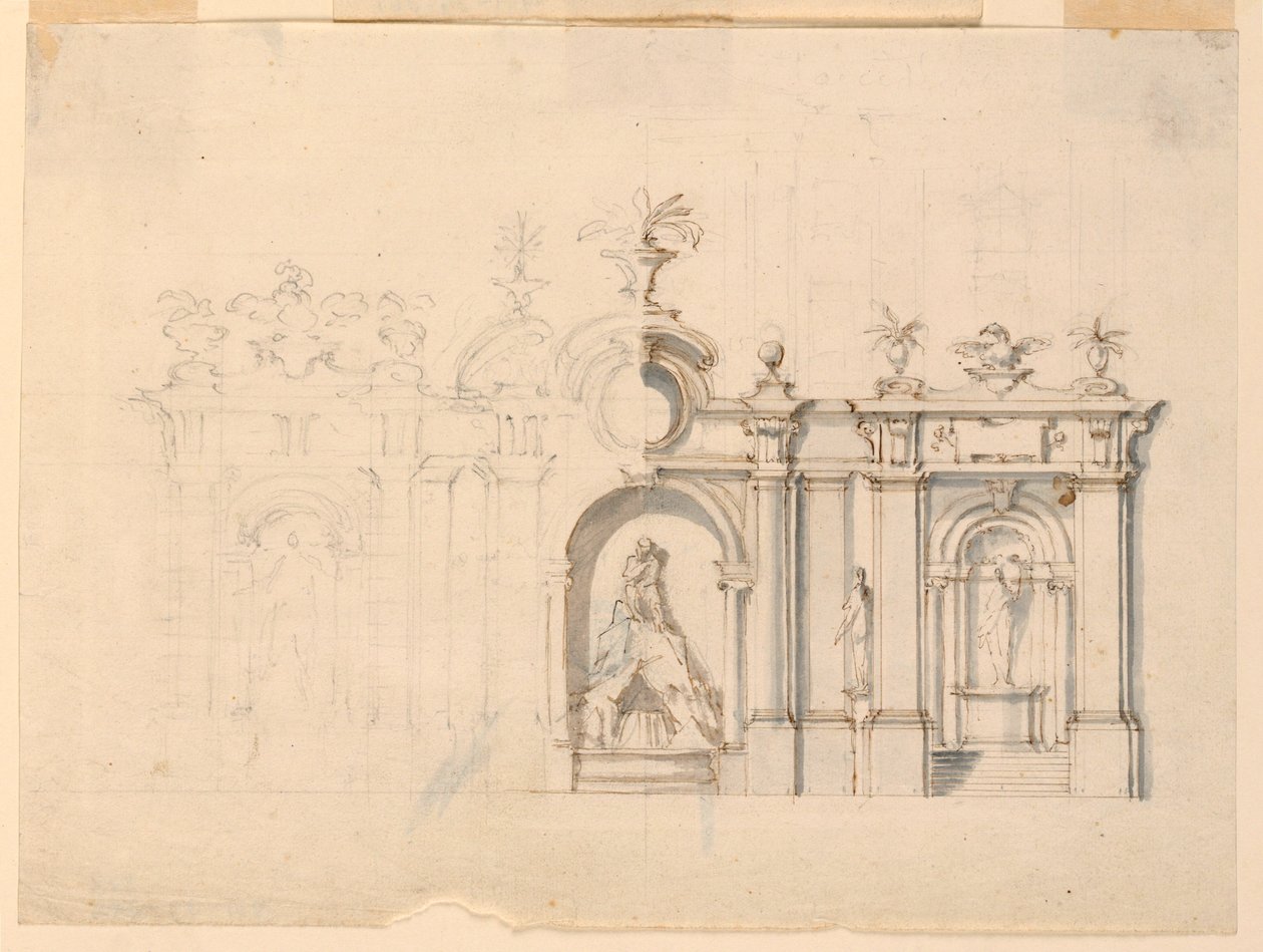 Kresba, Kolonáda s fontánou, asi 1770 od Unknown artistUnknown artist
