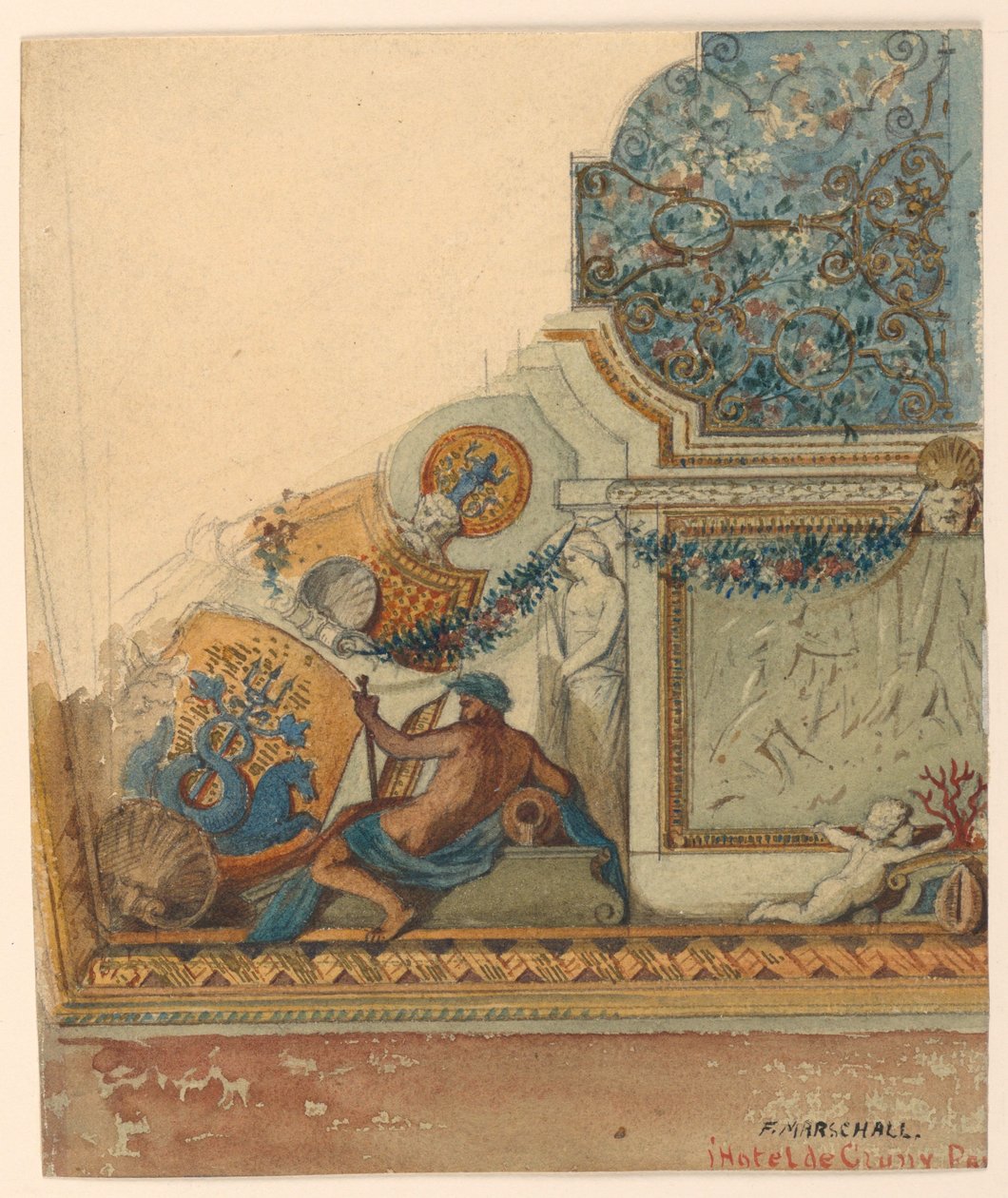 Kresba, detail stropu v rohu, Hotel de Cluny, Paříž, ca. 1885 od Unknown artistUnknown artist