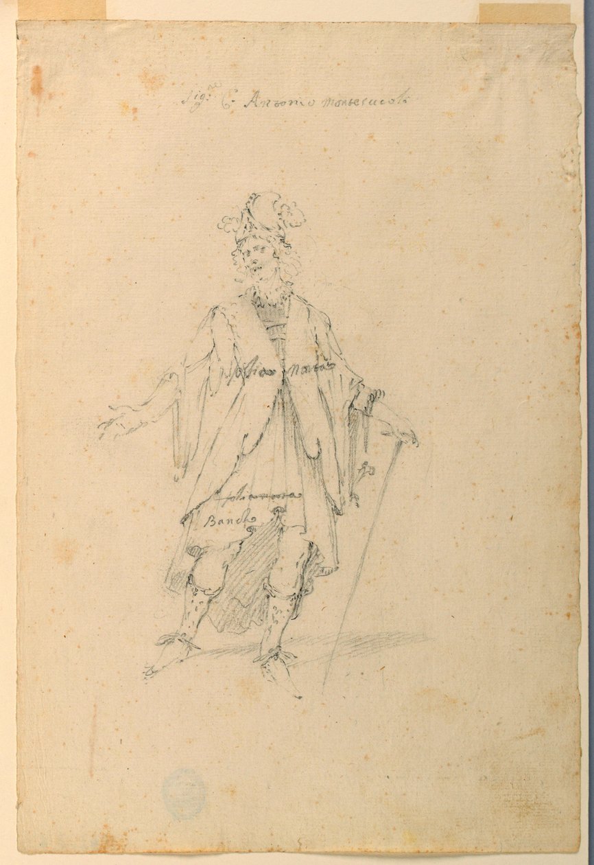 Kresba, kostýmní výprava: Muž ve fantastickém oděvu pro balet, asi 1720 od Unknown artistUnknown artist
