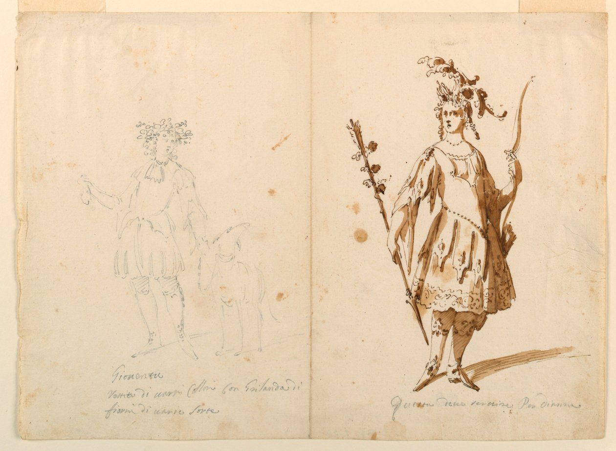 Kresba, kostýmní výprava: Mladík a Diana pro balet, asi 1720 od Unknown artistUnknown artist