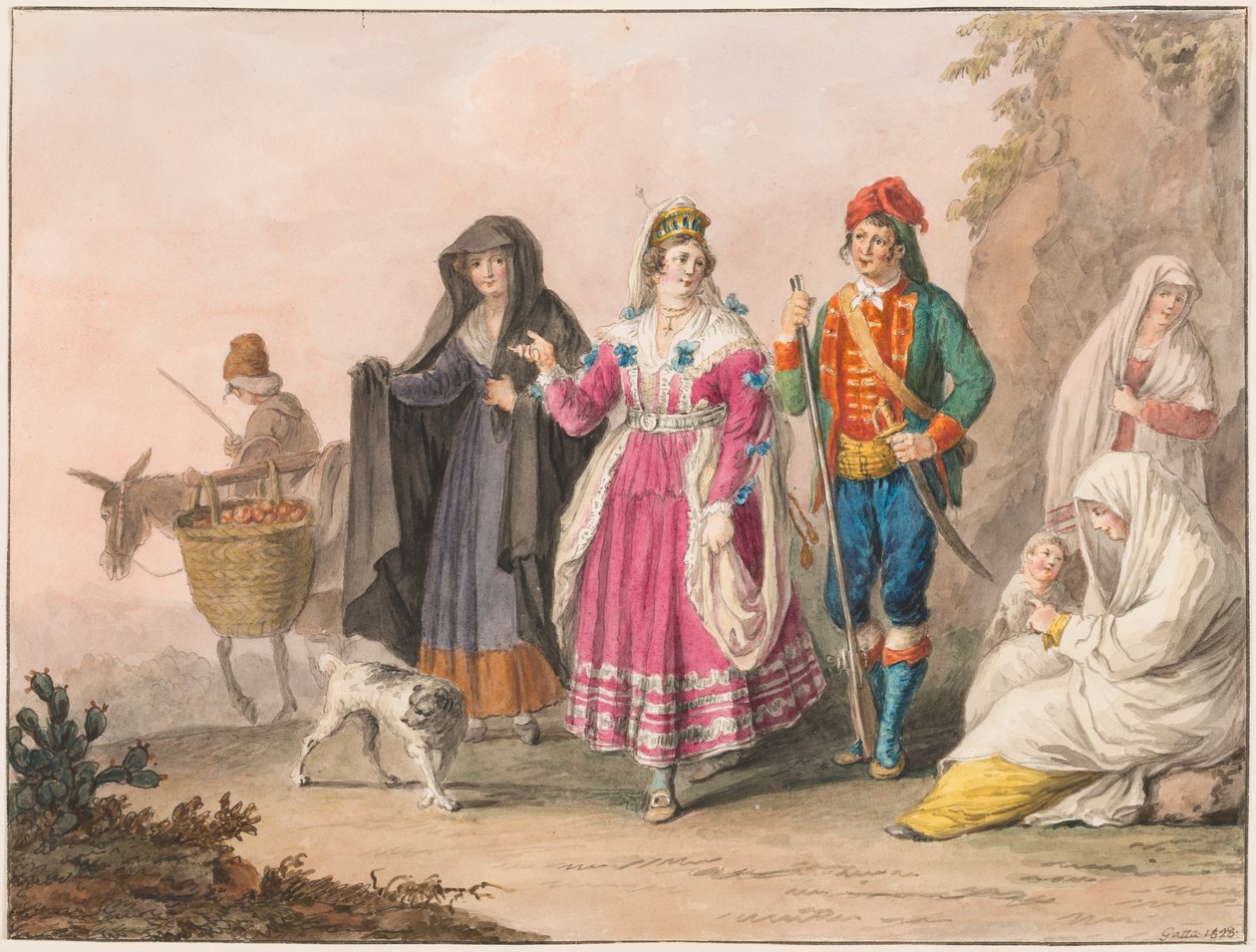 Kresba, Kroje ze Sicílie, 1828 od Unknown artistUnknown artist