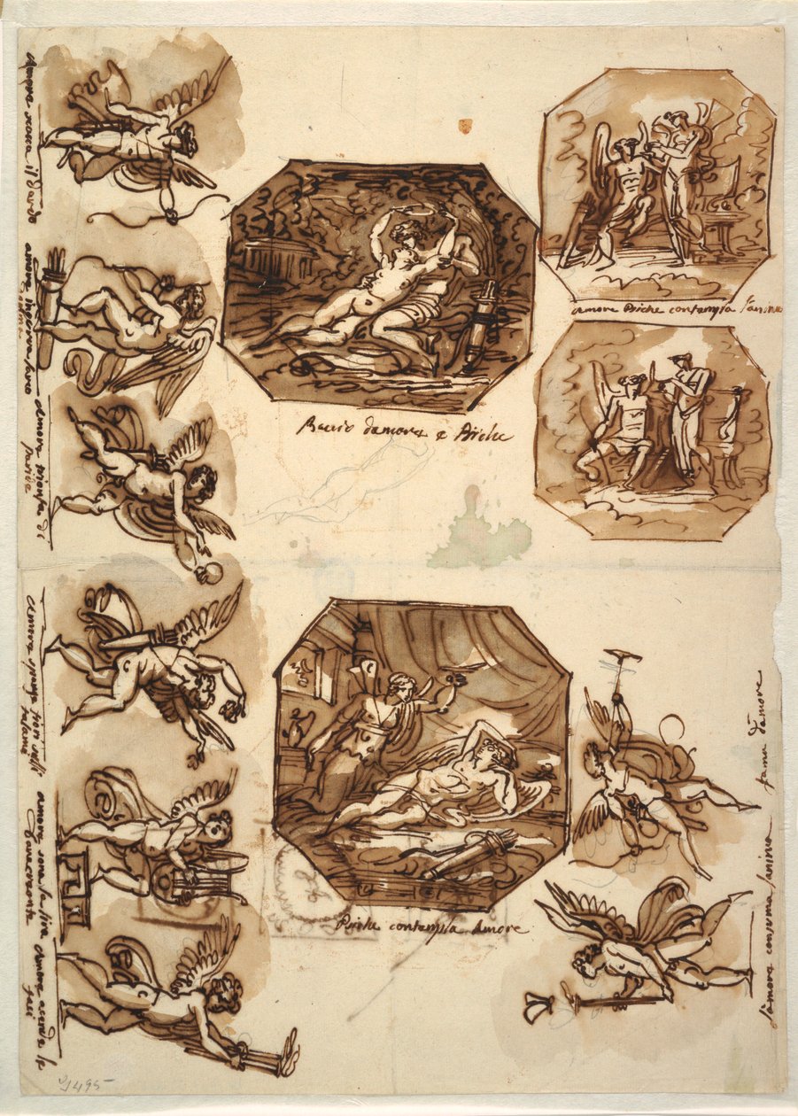 Kresba, Amor a Psyché: Čtyři osmiúhelníky a osm kreseb Amora, 1810-15 od Unknown artistUnknown artist