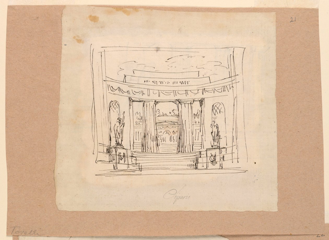 Kresba, návrh záclony, zakřivení brány Antická architektura, počátek 19. století od Unknown artistUnknown artist