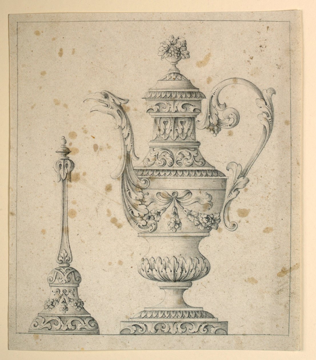 Kresba, Zdobený džbán a ruční zvon, 1860-80 od Unknown artistUnknown artist