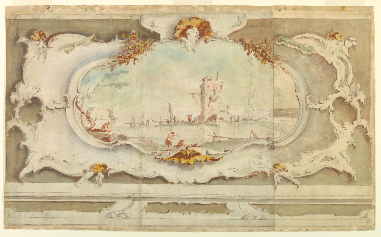 Kresba, Dekorativní kartuše s krajinou, asi 1770 od Unknown artistUnknown artist