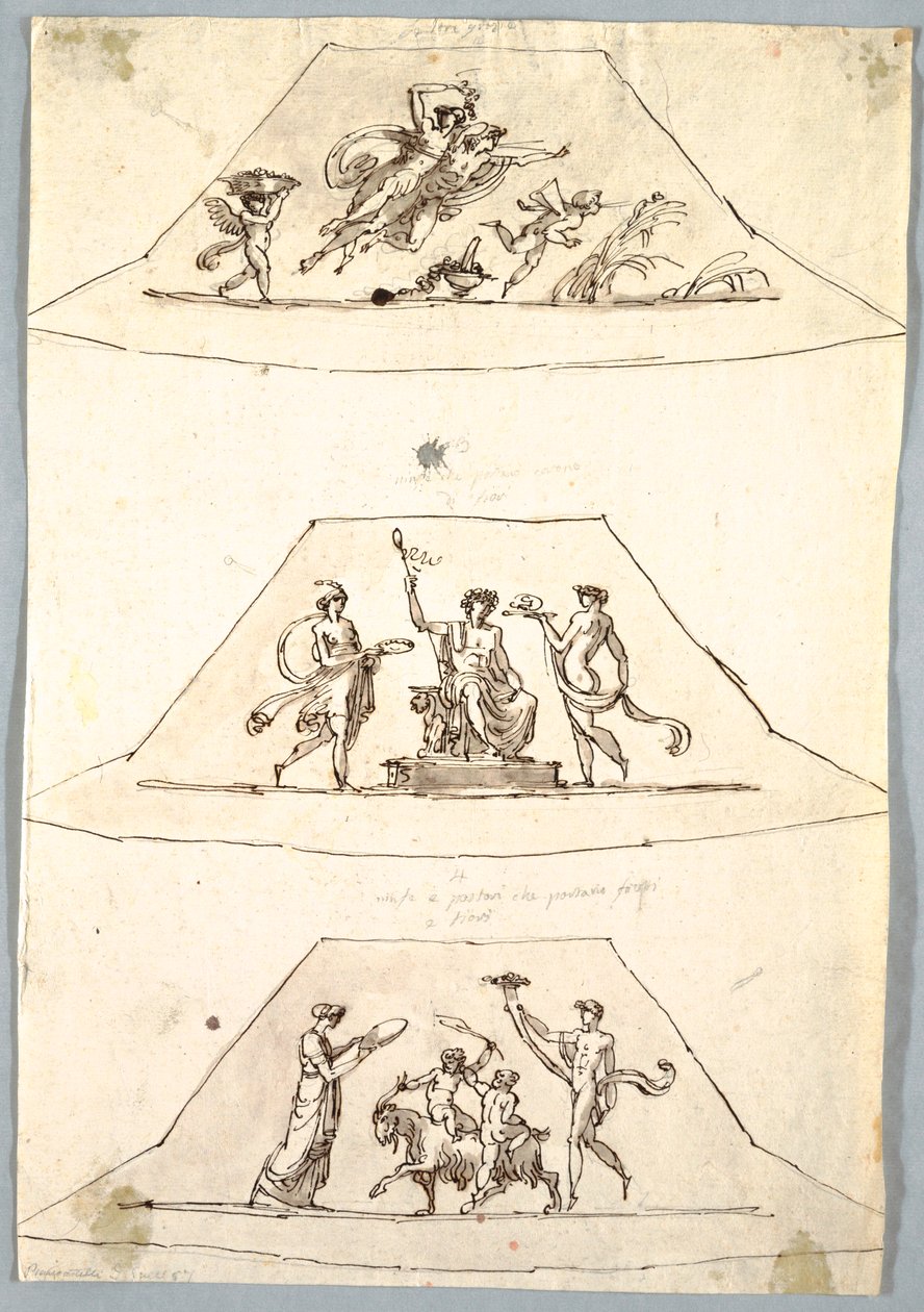 Kresba, dekorativní projekt: 1815, Tři lichoběžníky s Florou a Zefirou, asi 1815 od Unknown artistUnknown artist
