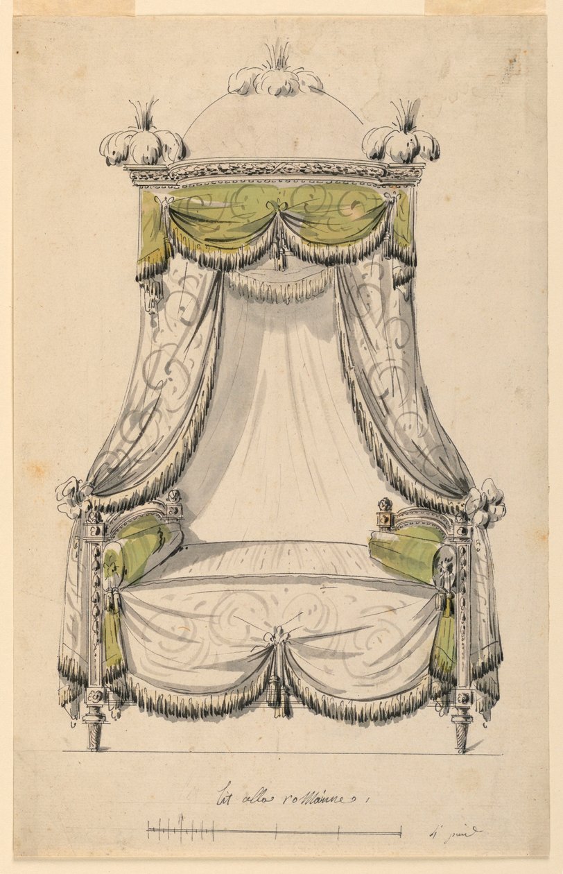 Kresba, Návrh postele v římském stylu, 1780 od Unknown artistUnknown artist