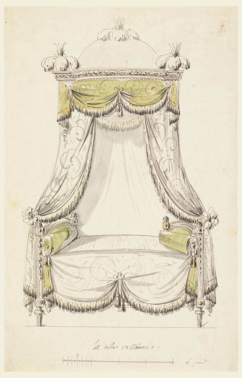 Kresba, Návrh postele v římském stylu, 1780 od Unknown artistUnknown artist