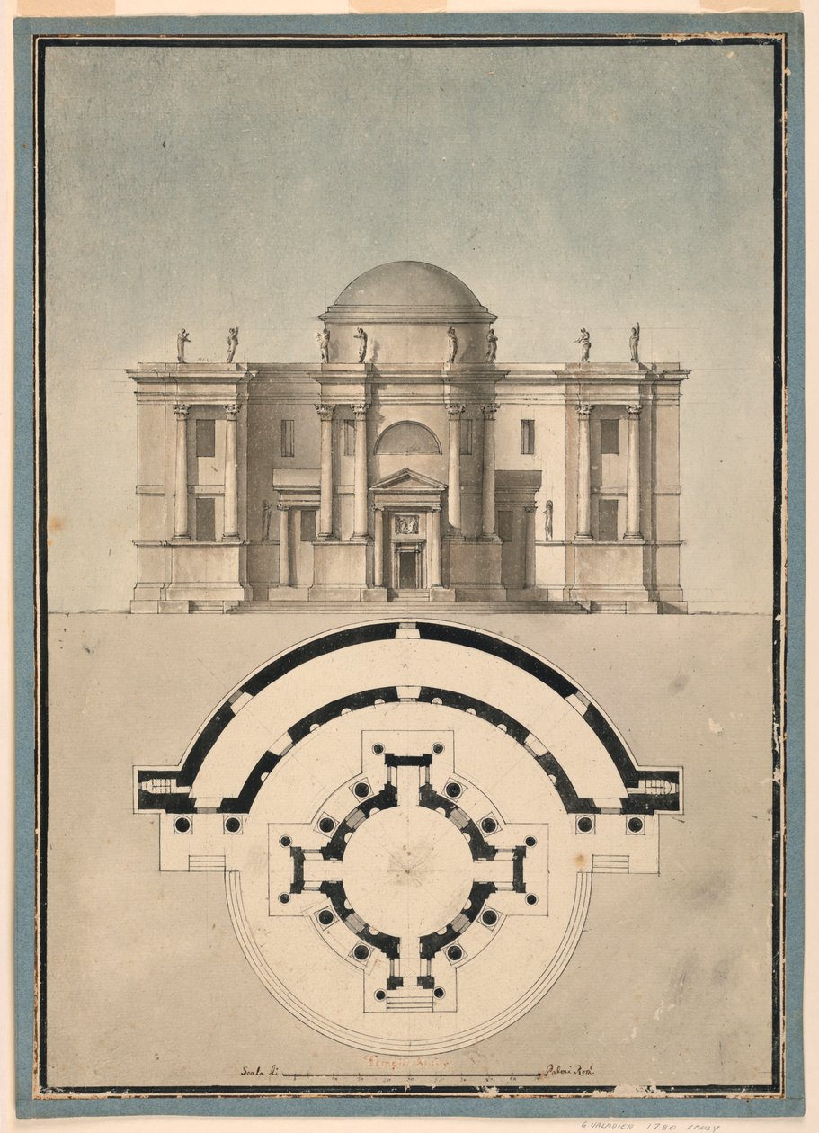 Kresba, Návrh klasicistního chrámu s templářem a půlkruhovou edikulou, asi 1780 od Unknown artistUnknown artist