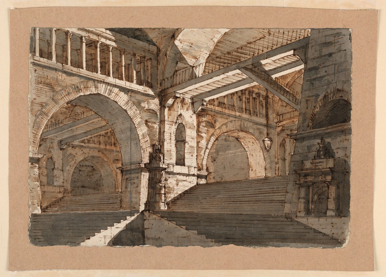 Kresba, scénografie, podzemní schodiště a galerie opevněného paláce, cca 1800 od Unknown artistUnknown artist