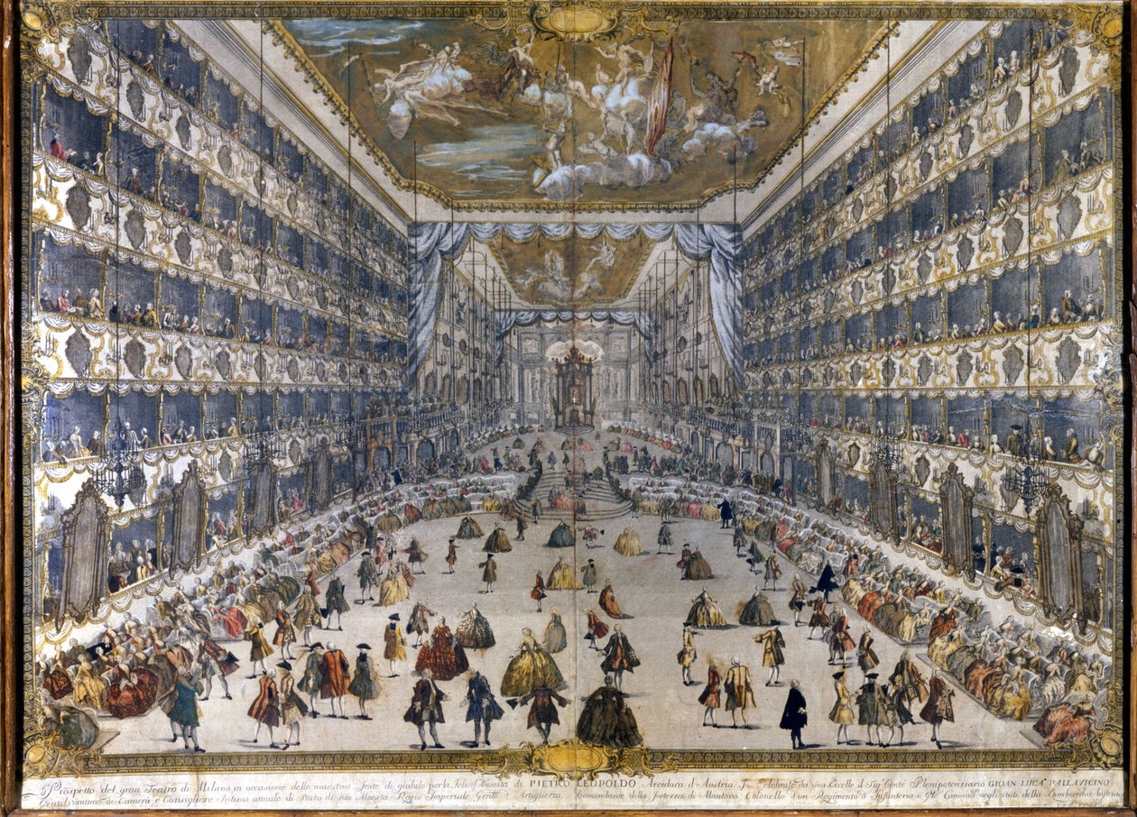 (Divadlo Regio Ducal v Miláně) Teatro regio Ducale v Miláně (po požáru se stává Teatro alla Scala): svátek narození Petra Leopolda, arcivévody rakouského, poté Leopolda II., císaře (1747-1792) rakouského. 28/5/1747. od Unknown artist