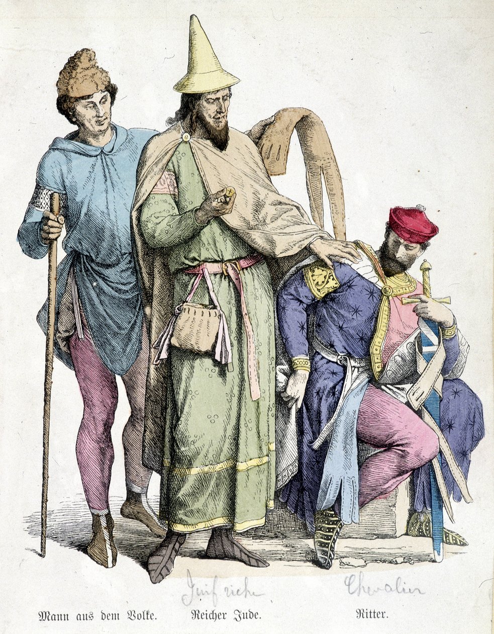 Kostýmy z 11. století: Muž s holí, bohatý Žid a rytíř. Rytina 19. století. od Unknown artist