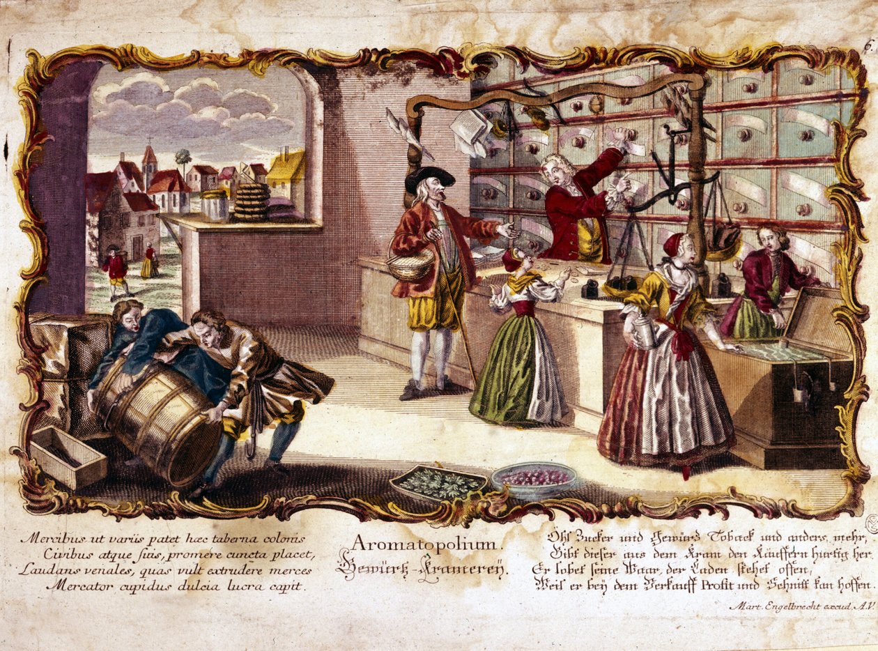 Rytina z 18. století představující parfumerii. od Unknown artist