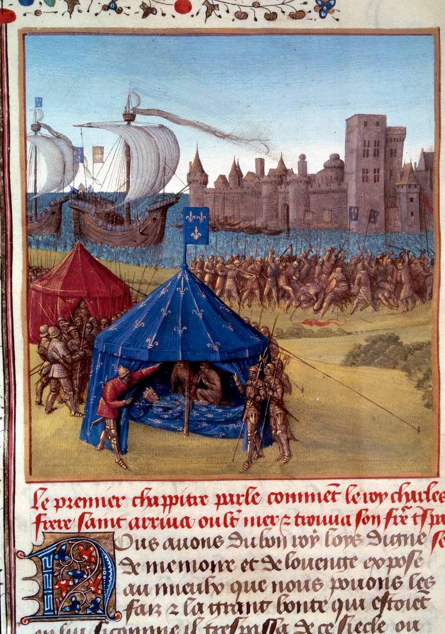 8. křížová výprava: Smrt svatého Ludvíka (Ludvíka IX.) (1214/1215-1270) na mor v Tunisu. Miniatura převzatá z „“Le livre des faits de Monseigneur Saint Louis“““ Paříž 15. století, B.N. od Unknown artist