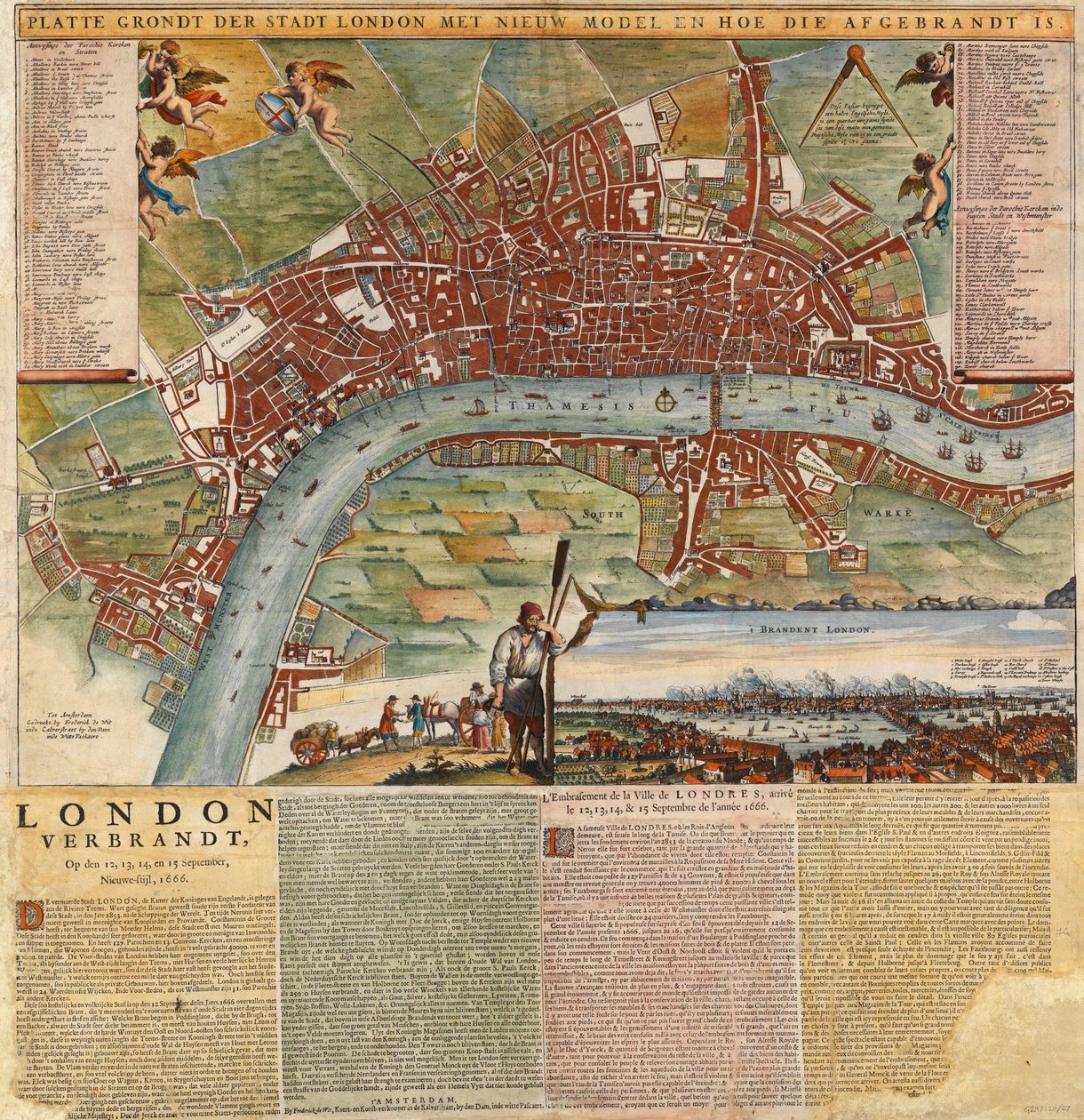 Nizozemská mapa zobrazující oblasti zničené velkým požárem Londýna od Unknown artist