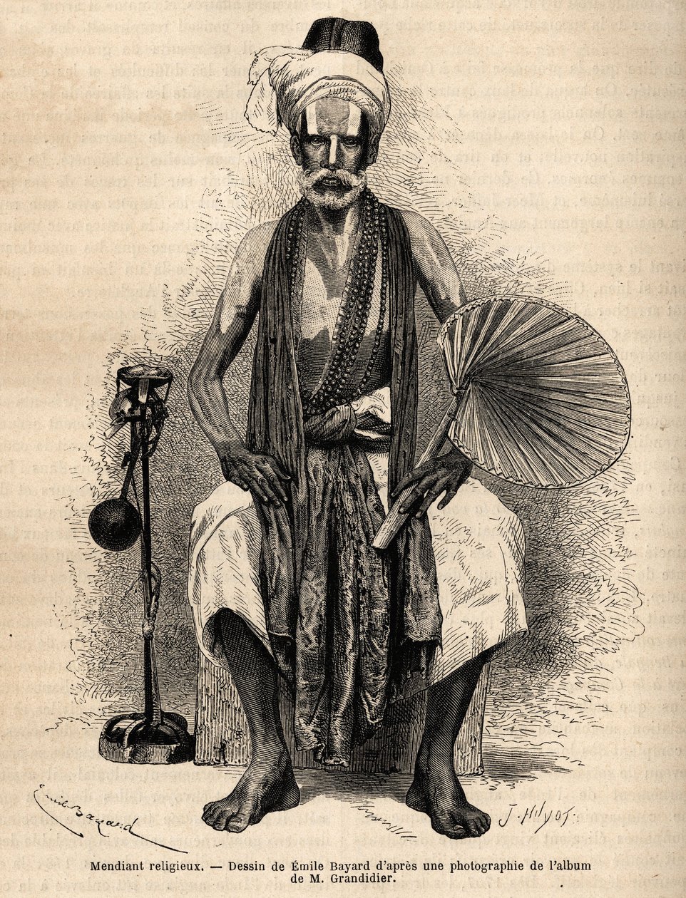Hinduistický náboženský žebrák. Rytina k ilustraci plavby v poledních provinciích Indie od Alfreda Grandidiera v letech 1862-1864, publikovaná v „“Le tour du monde“““ 1869, editoval Edouard Charton, vydání Hachette, Paříž. Kolekce Selva. od Unknown artist