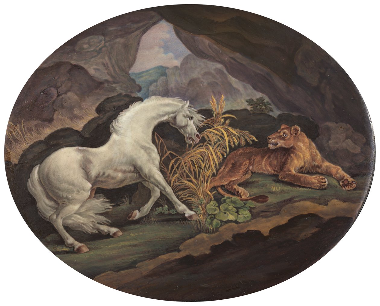 Kůň vystrašený lvicí od Unknown artist