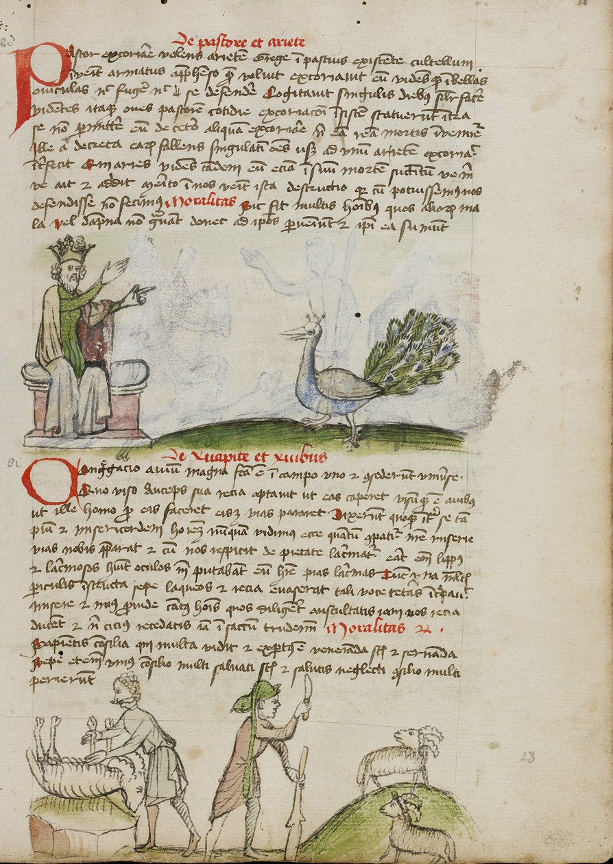 Král na trůně mluví s pávem; pastýř zabíjí berana; pastýř s holí a nožem před dvěma kozami. od Unknown artist
