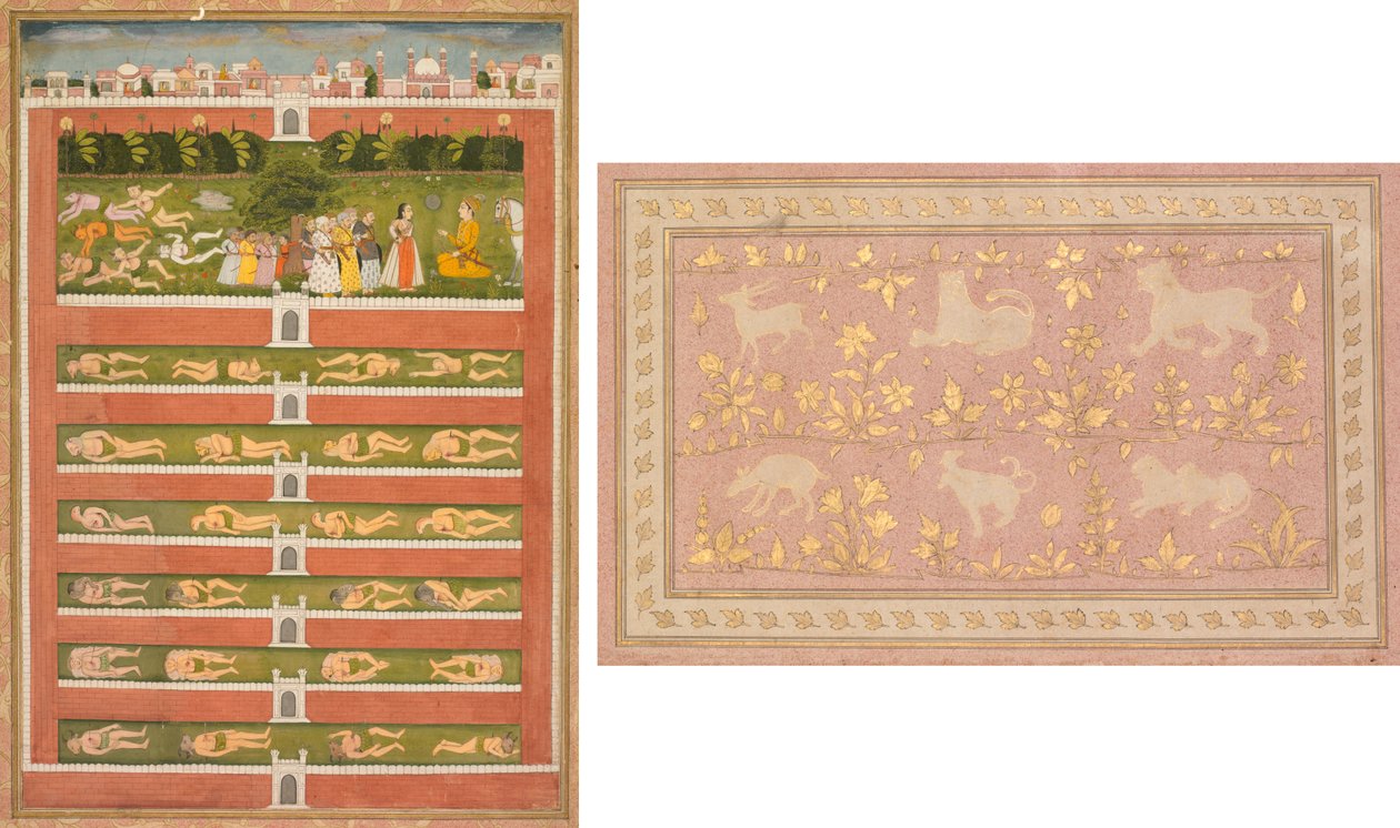 Princezna a démoni před šlechticem: List z poetické romance vztahující se k Shah Alam I (recto); Šablonové scény lva a gazely (verze) od Unknown artist