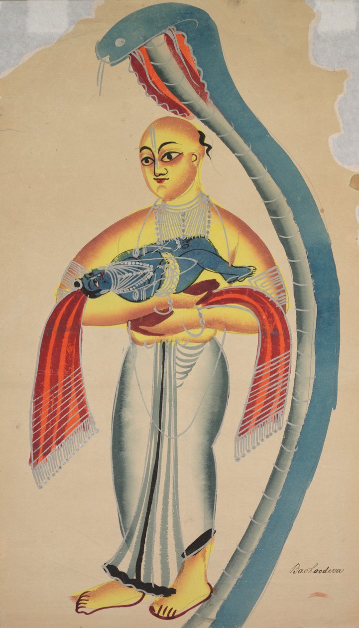Had chrání Vasudevu a odvádí svého malého syna Krišnu do bezpečí od Unknown artist