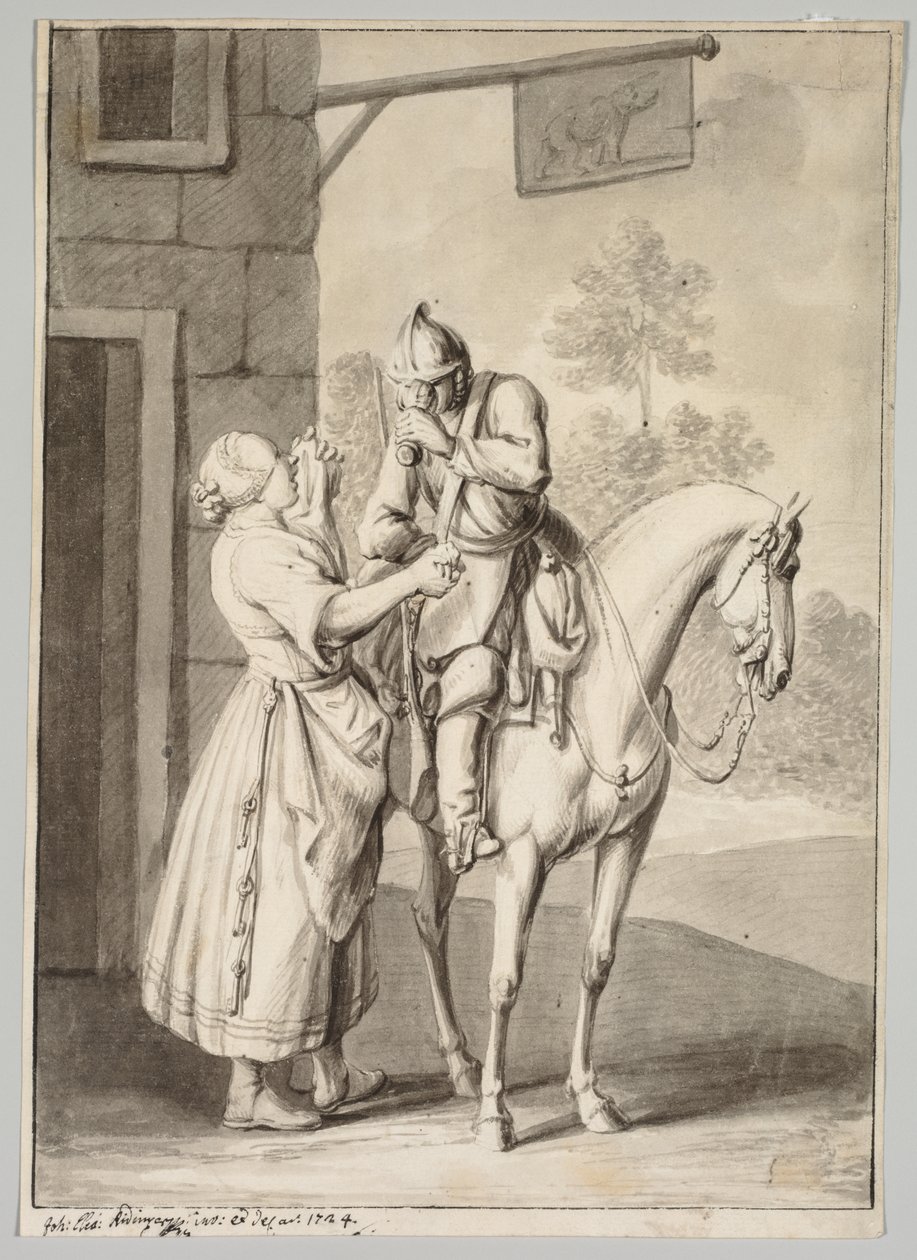 Voják v brnění před hospodou od Unknown artist